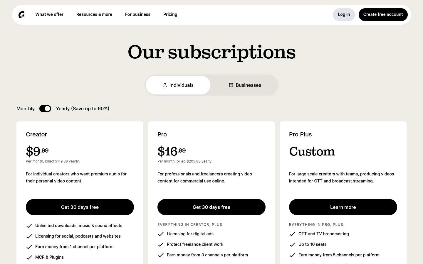 Screenshot of Epidemic Sound's pricing page showing its plans and prices