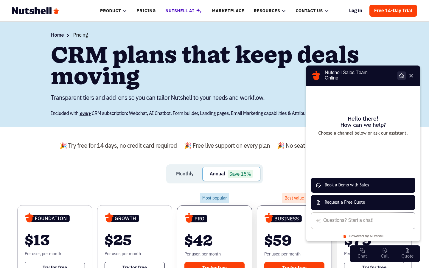 Screenshot of Nutshell's pricing page showing its plans and prices