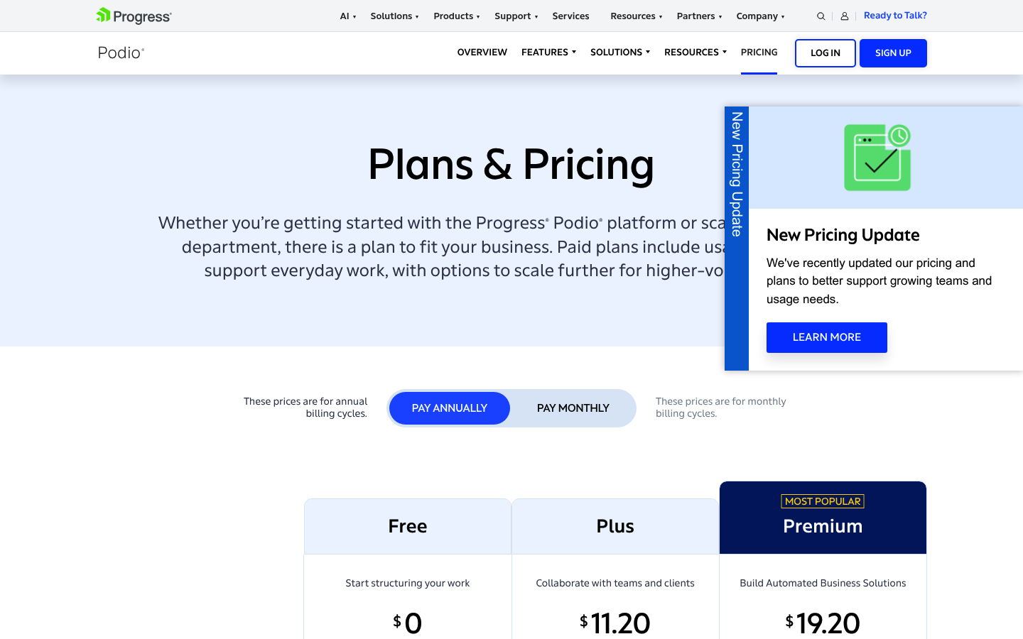 Screenshot of Podio's pricing page showing its plans and prices