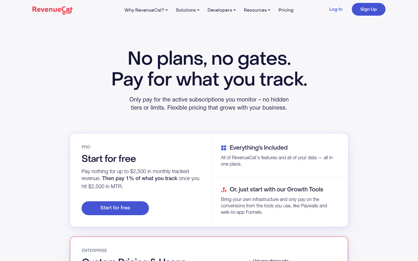Screenshot of RevenueCat's pricing page showing its plans and prices
