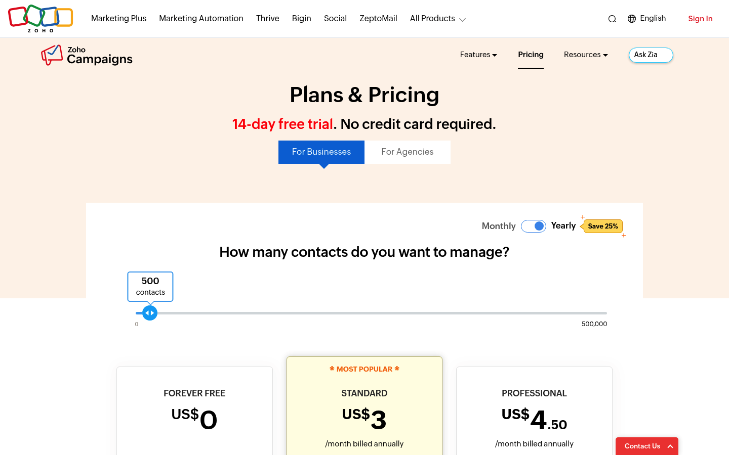 Screenshot of Zoho Campaigns's pricing page showing its plans and prices