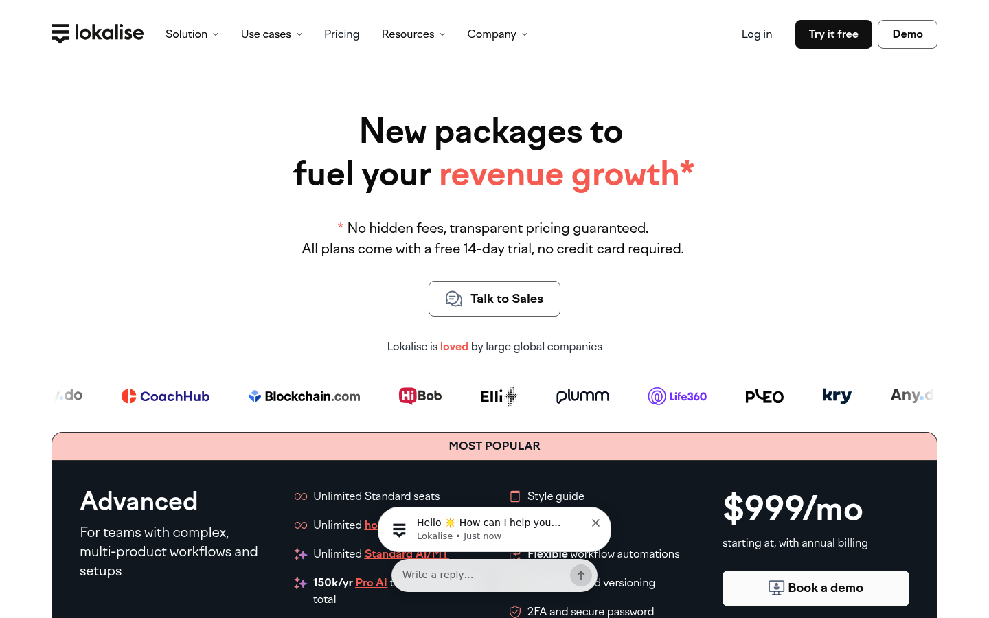 Screenshot of Lokalise's pricing page showing its plans and prices