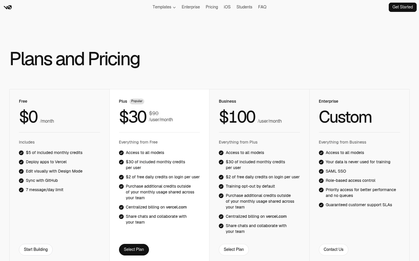 Screenshot of v0's pricing page showing its plans and prices
