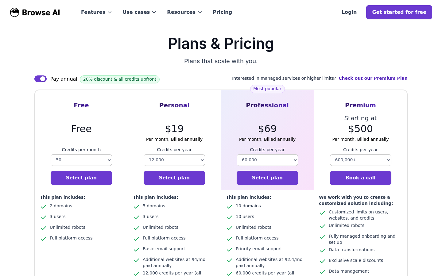 Screenshot of Browse AI's pricing page showing its plans and prices