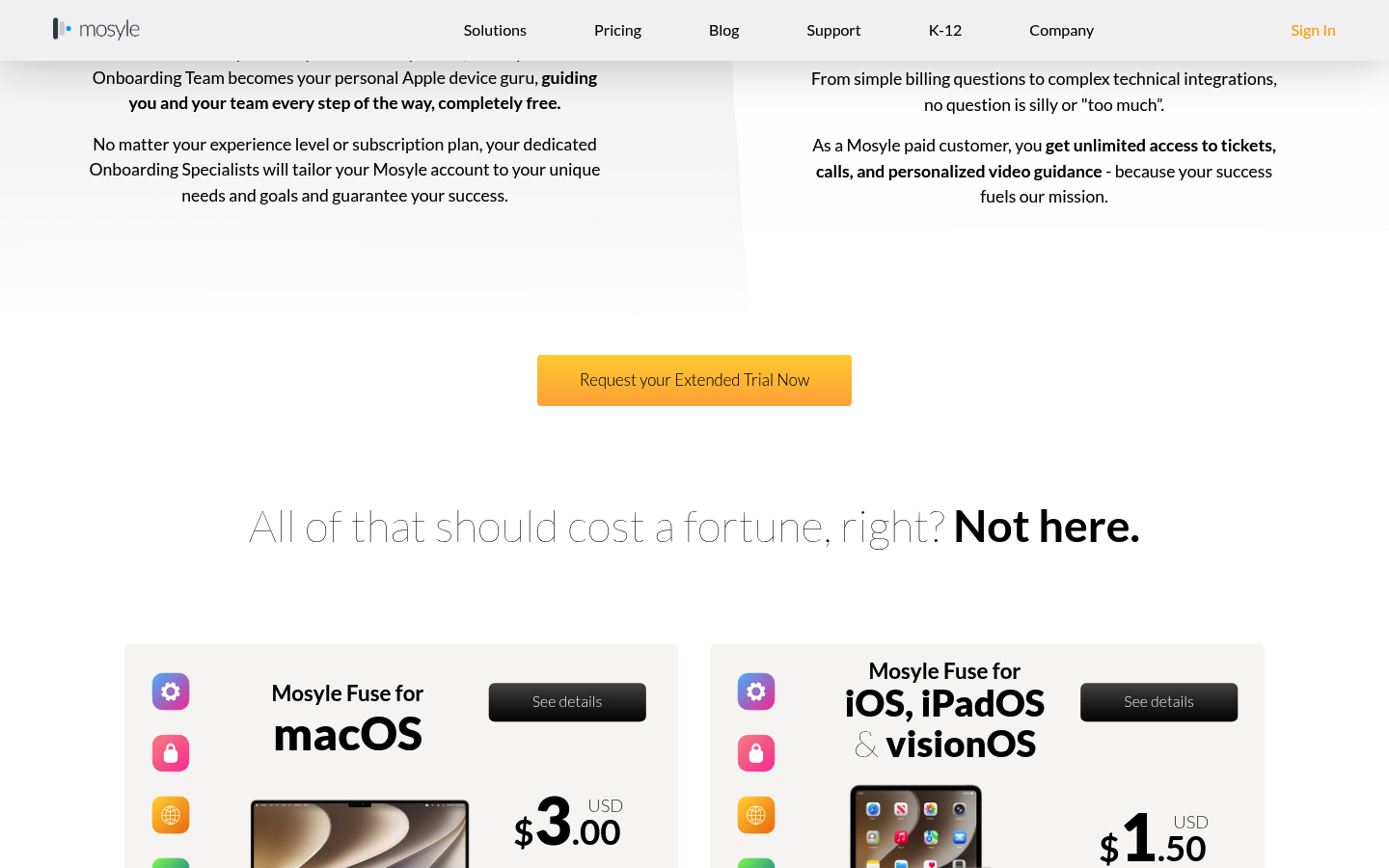 Screenshot of Mosyle's pricing page showing its plans and prices