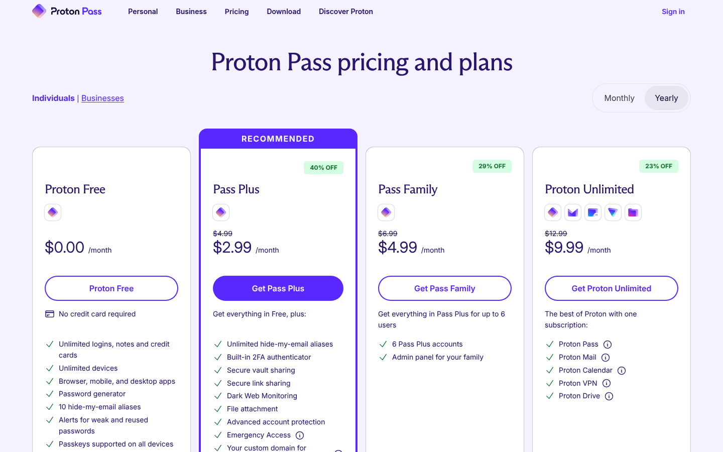 Screenshot of Proton Pass's pricing page showing its plans and prices