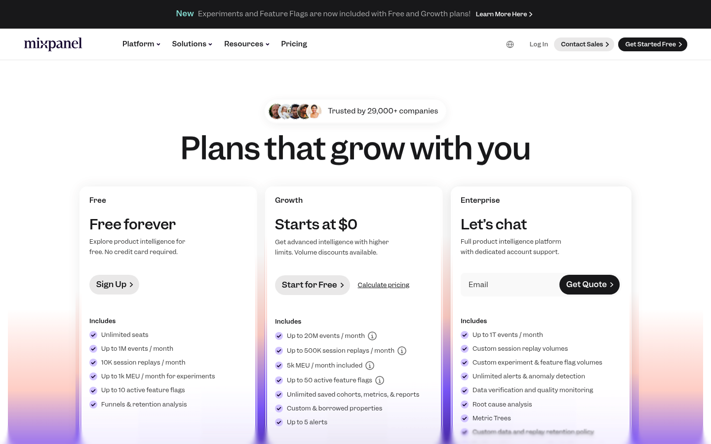 Screenshot of Mixpanel's pricing page showing its plans and prices