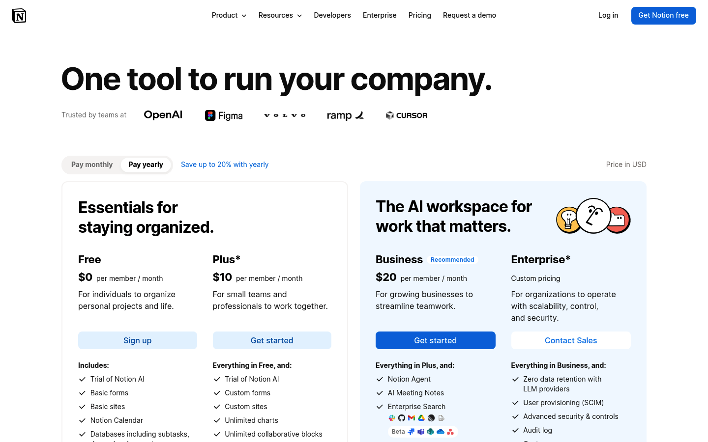 Screenshot of Notion's pricing page showing its plans and prices