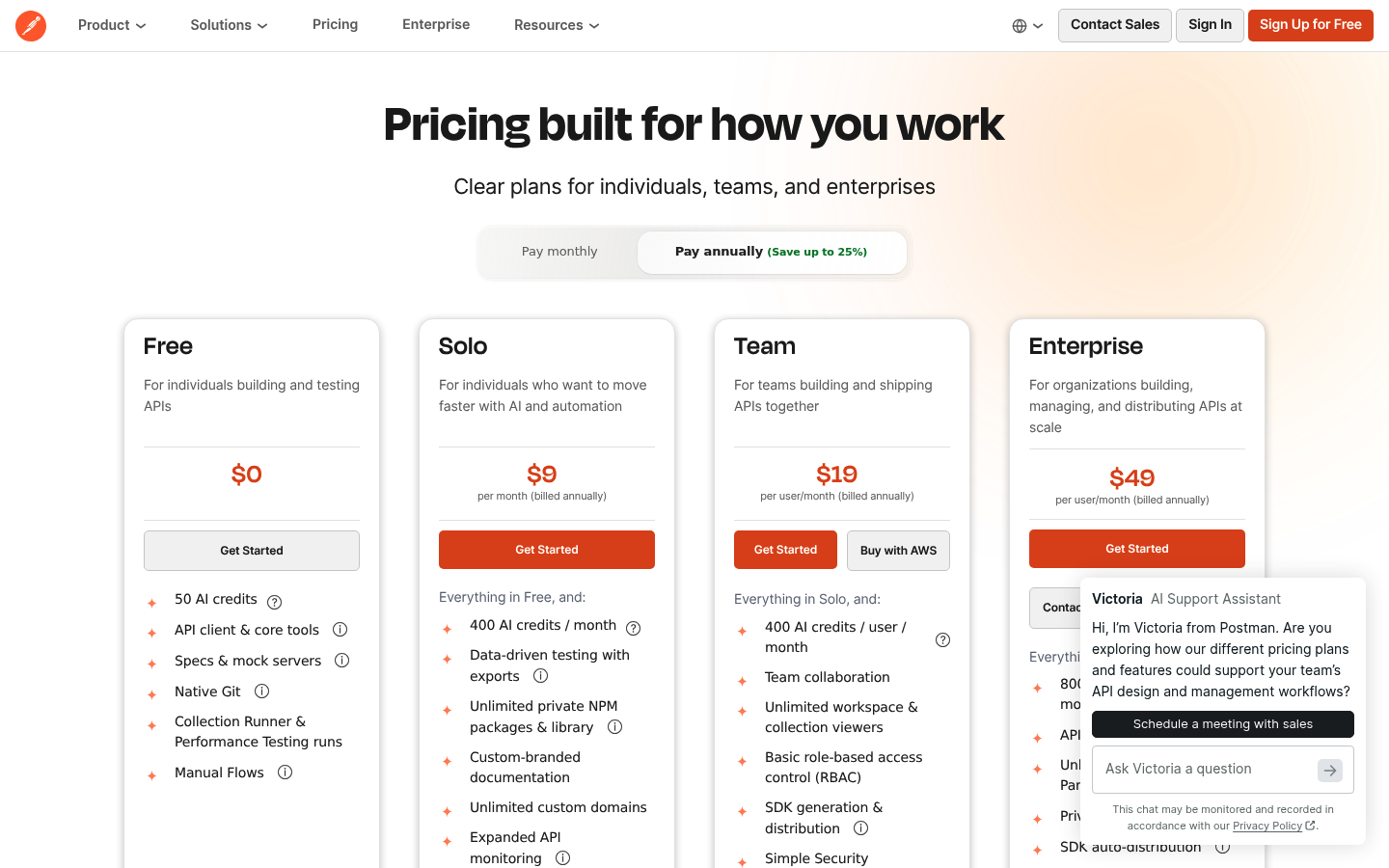 Screenshot of Postman's pricing page showing its plans and prices