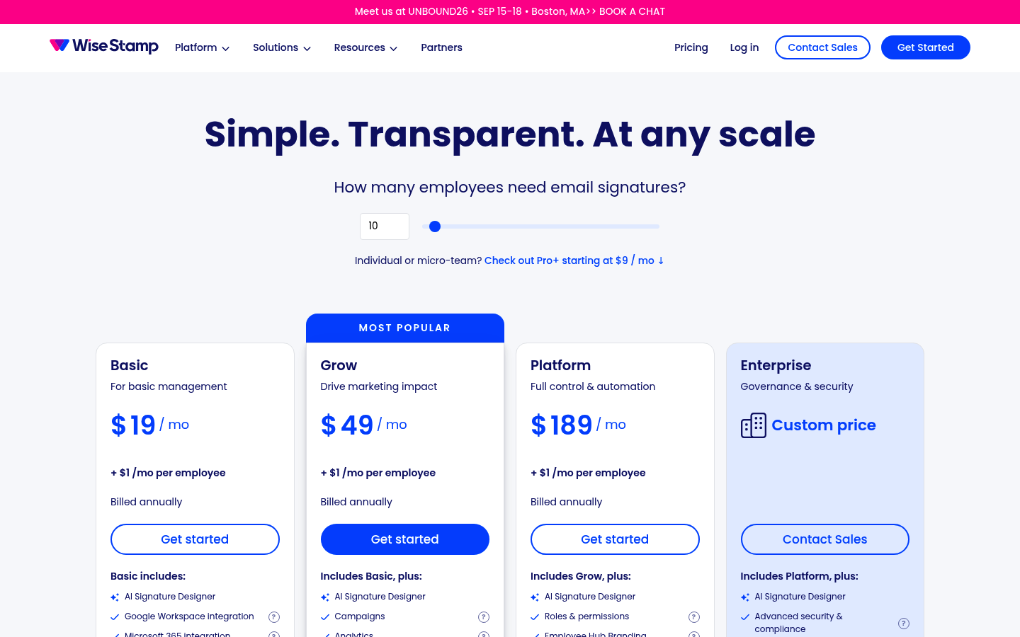 Screenshot of WiseStamp's pricing page showing its plans and prices