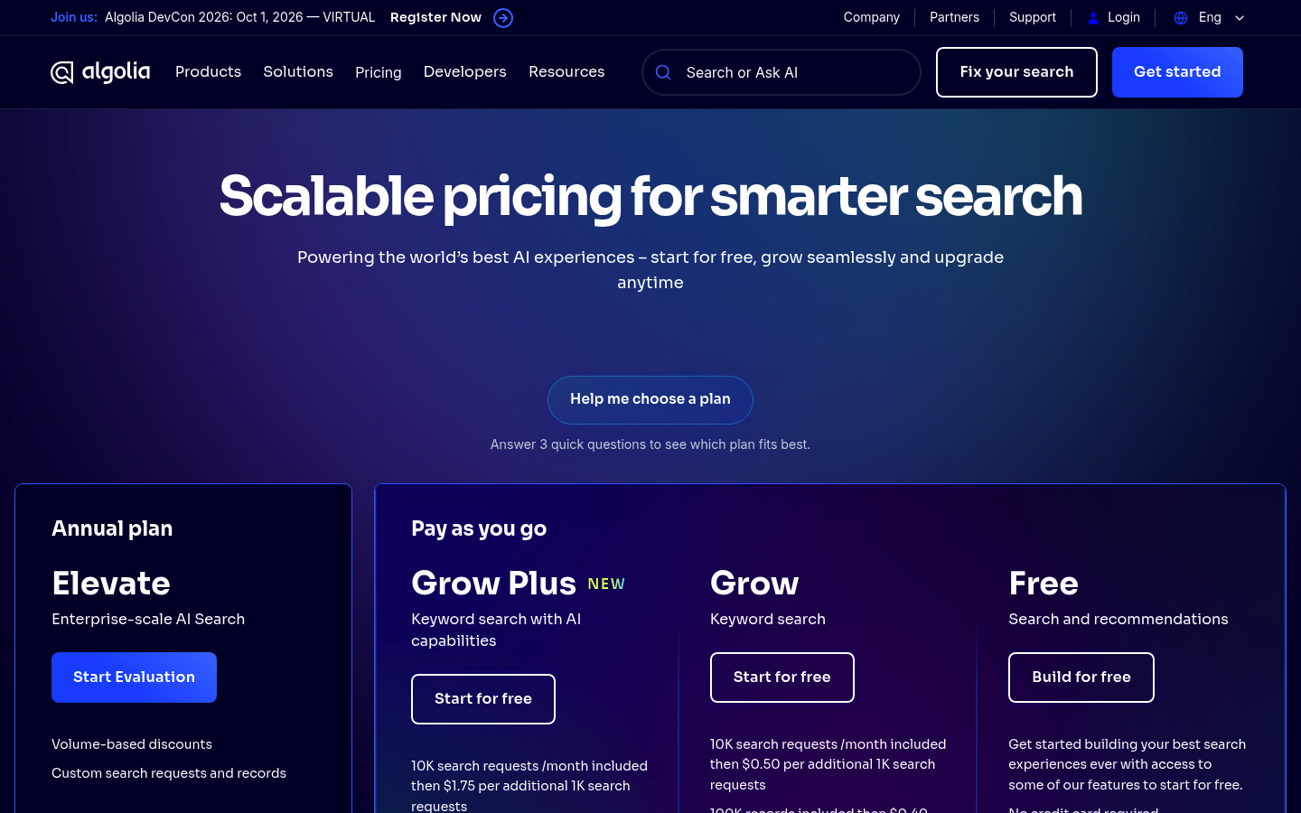 Screenshot of Algolia's pricing page showing its plans and prices