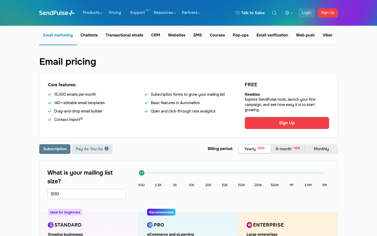 Screenshot of SendPulse's pricing page showing its plans and prices