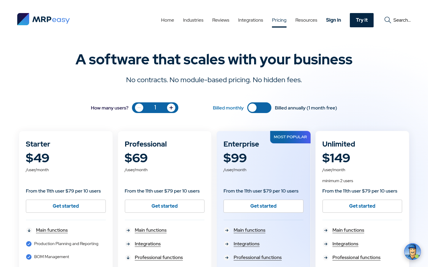 Screenshot of MRPeasy's pricing page showing its plans and prices