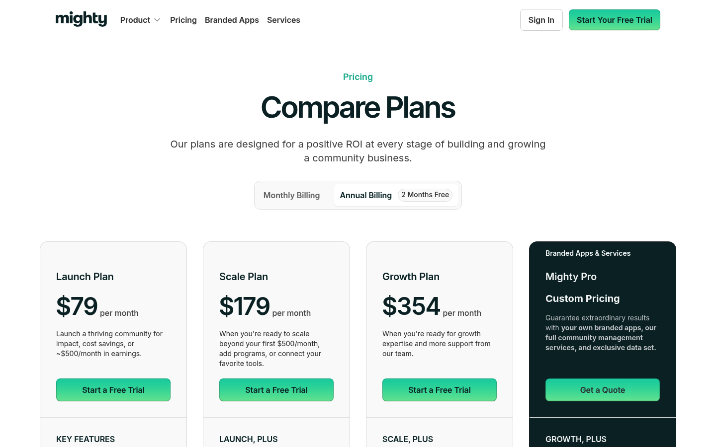 Screenshot of Mighty Networks's pricing page showing its plans and prices