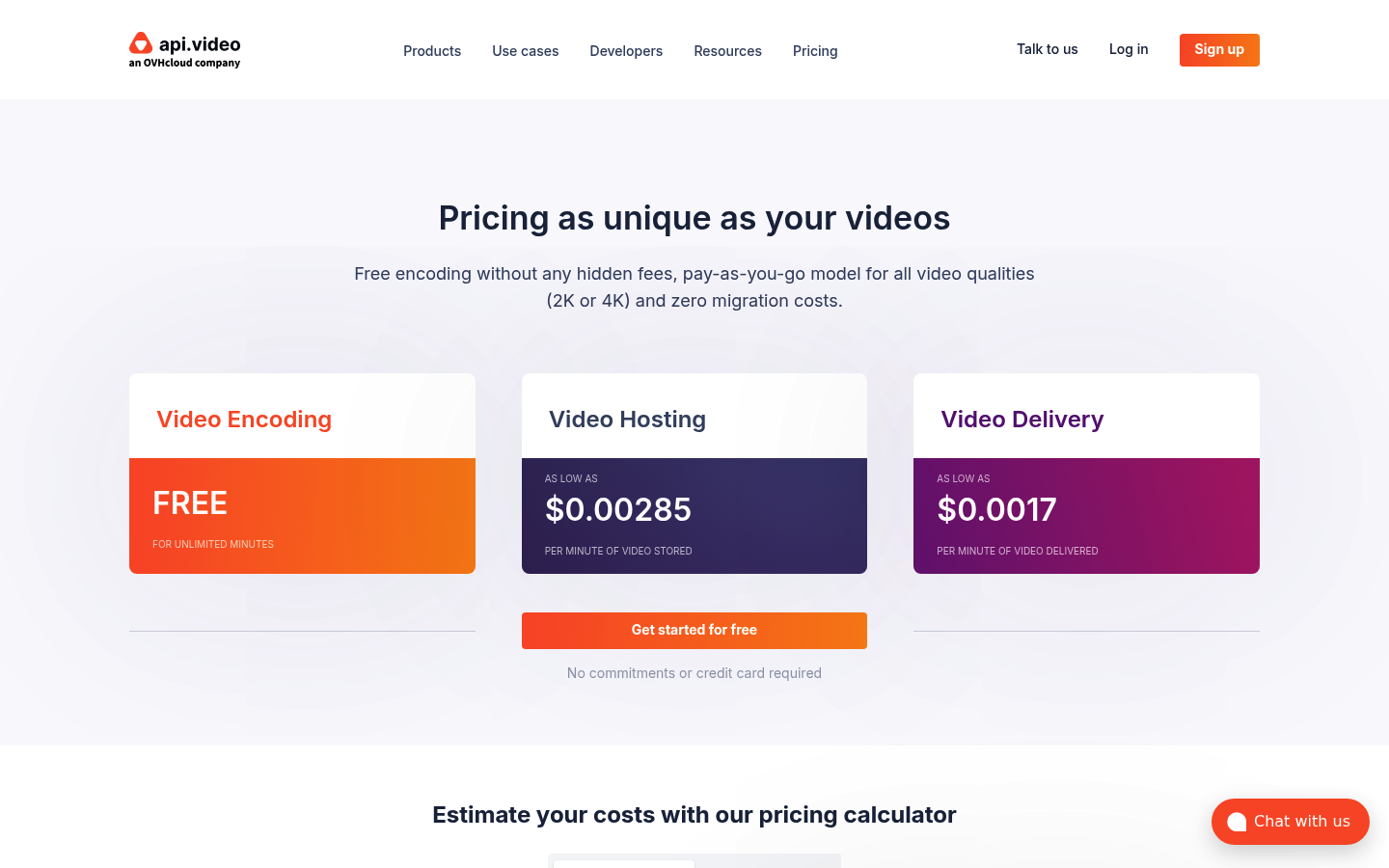 Screenshot of api.video's pricing page showing its plans and prices