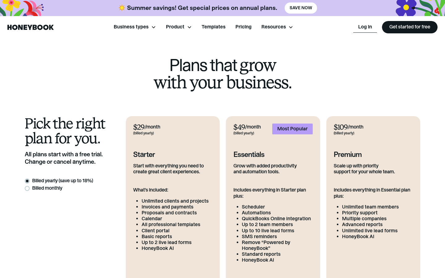 Screenshot of HoneyBook's pricing page showing its plans and prices