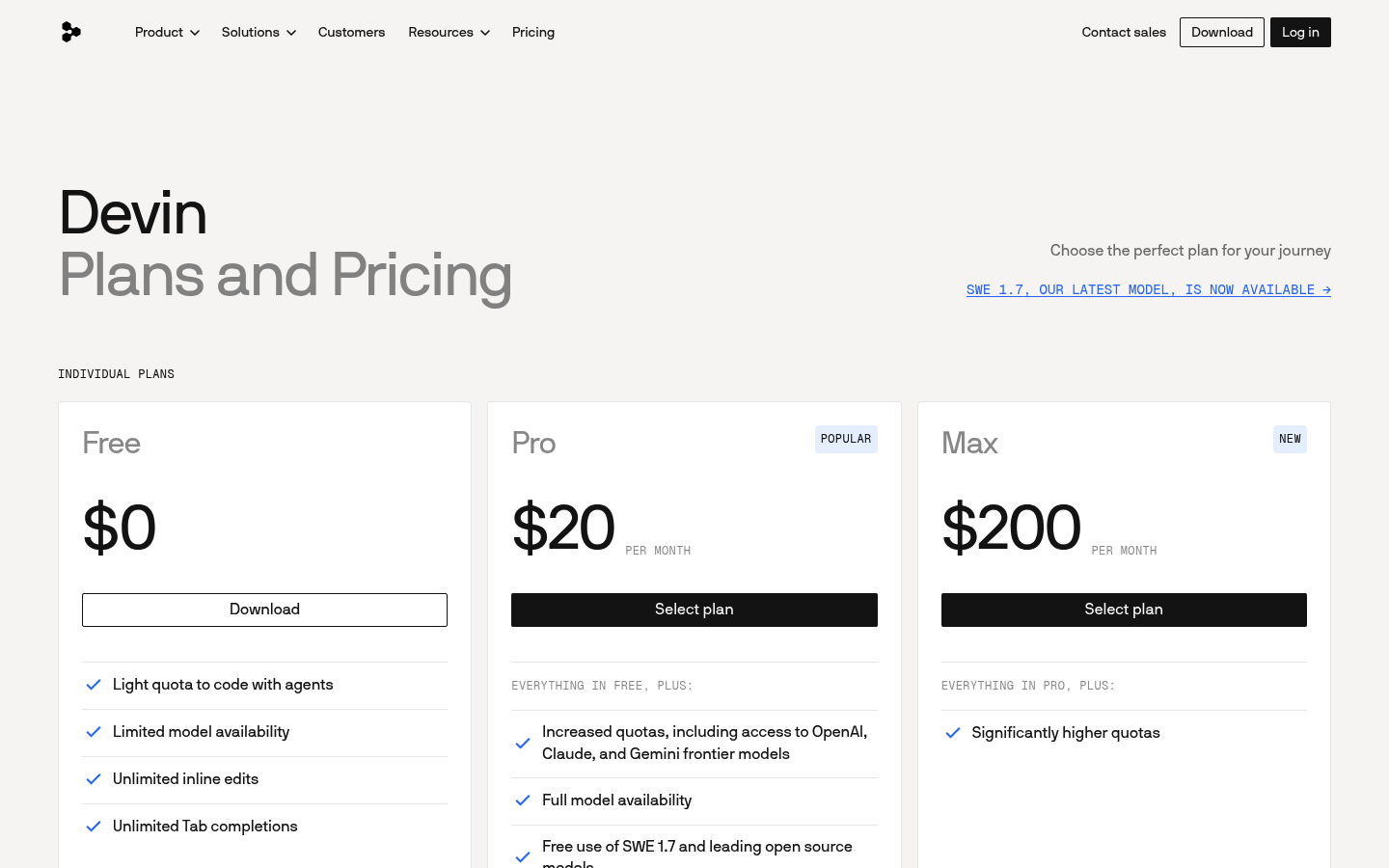 Screenshot of Windsurf's pricing page showing its plans and prices