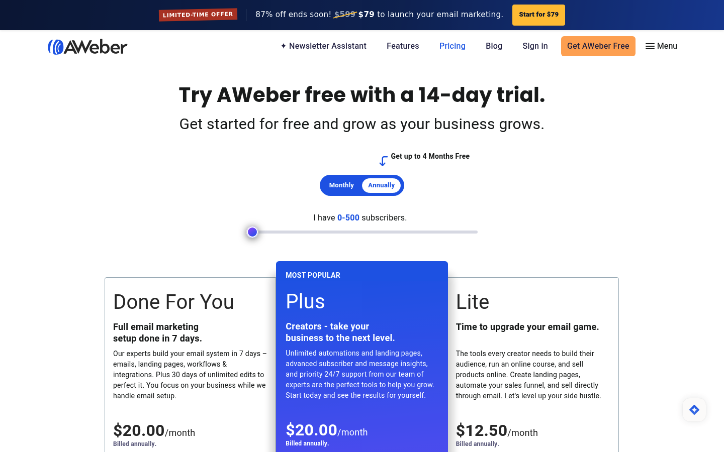 Screenshot of AWeber's pricing page showing its plans and prices