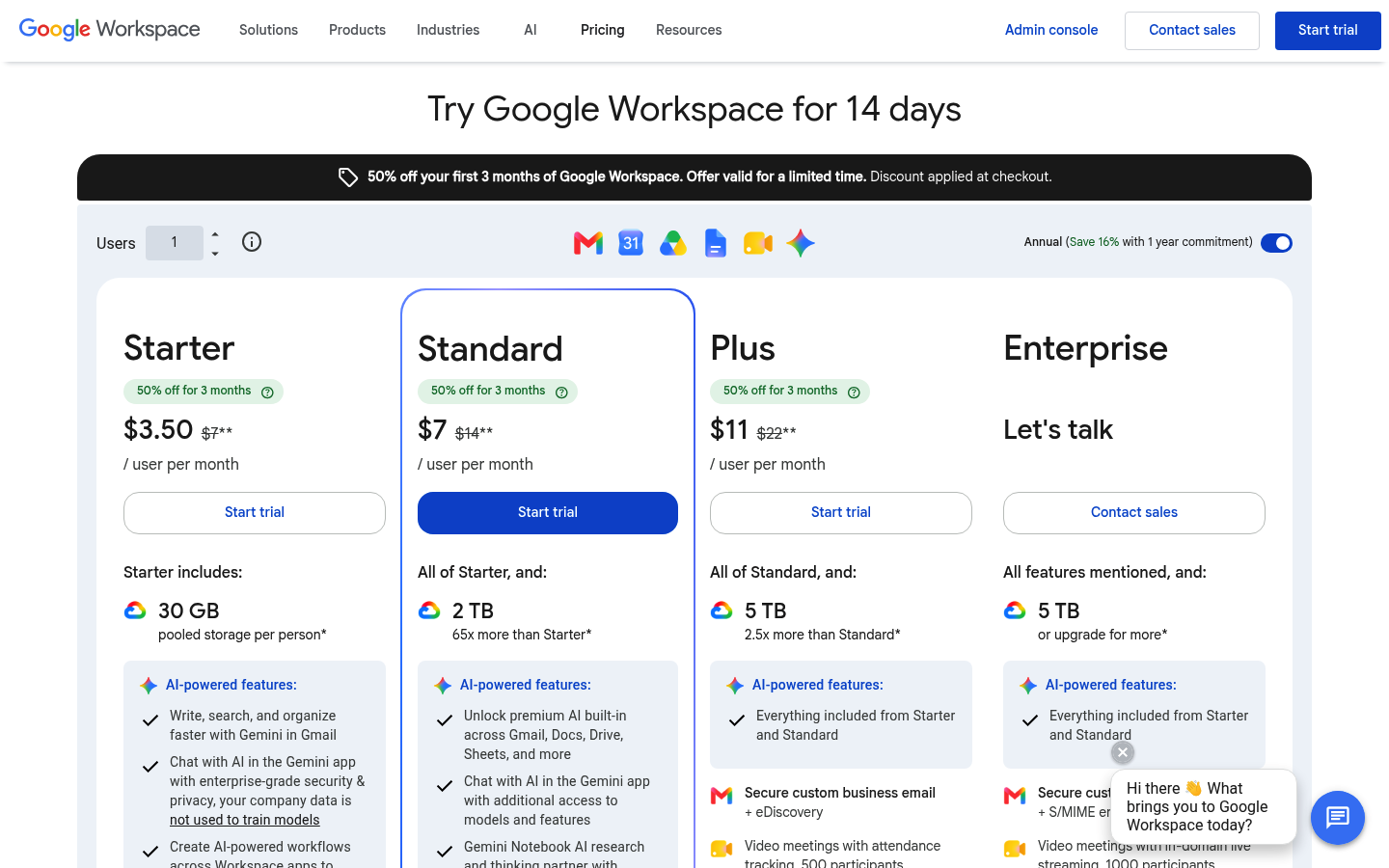 Screenshot of Google Workspace's pricing page showing its plans and prices
