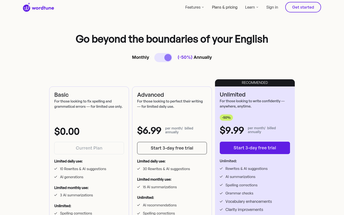 Screenshot of Wordtune's pricing page showing its plans and prices