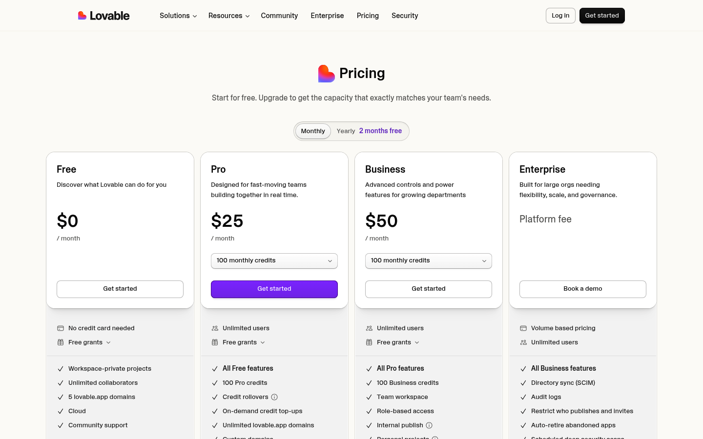 Screenshot of Lovable's pricing page showing its plans and prices