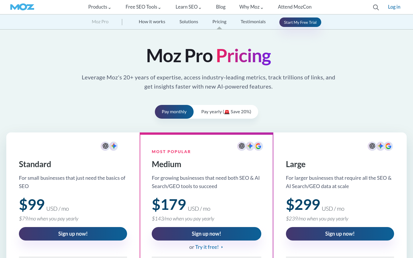 Screenshot of Moz's pricing page showing its plans and prices