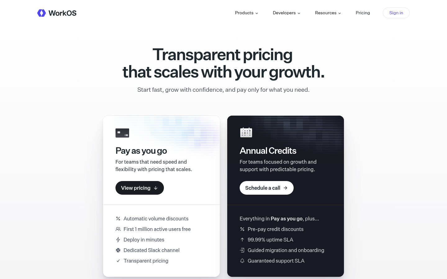 Screenshot of WorkOS's pricing page showing its plans and prices