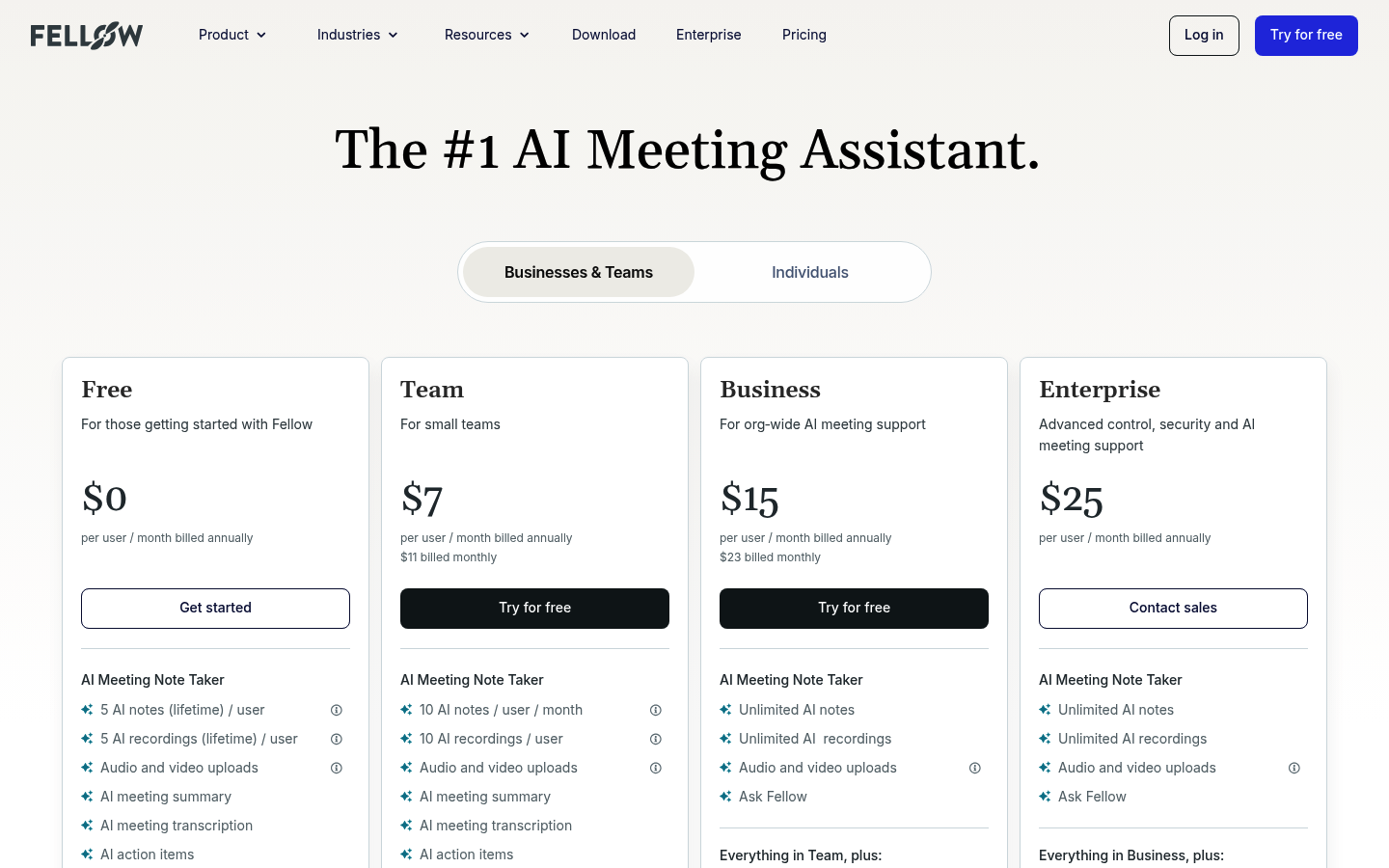 Screenshot of Fellow's pricing page showing its plans and prices