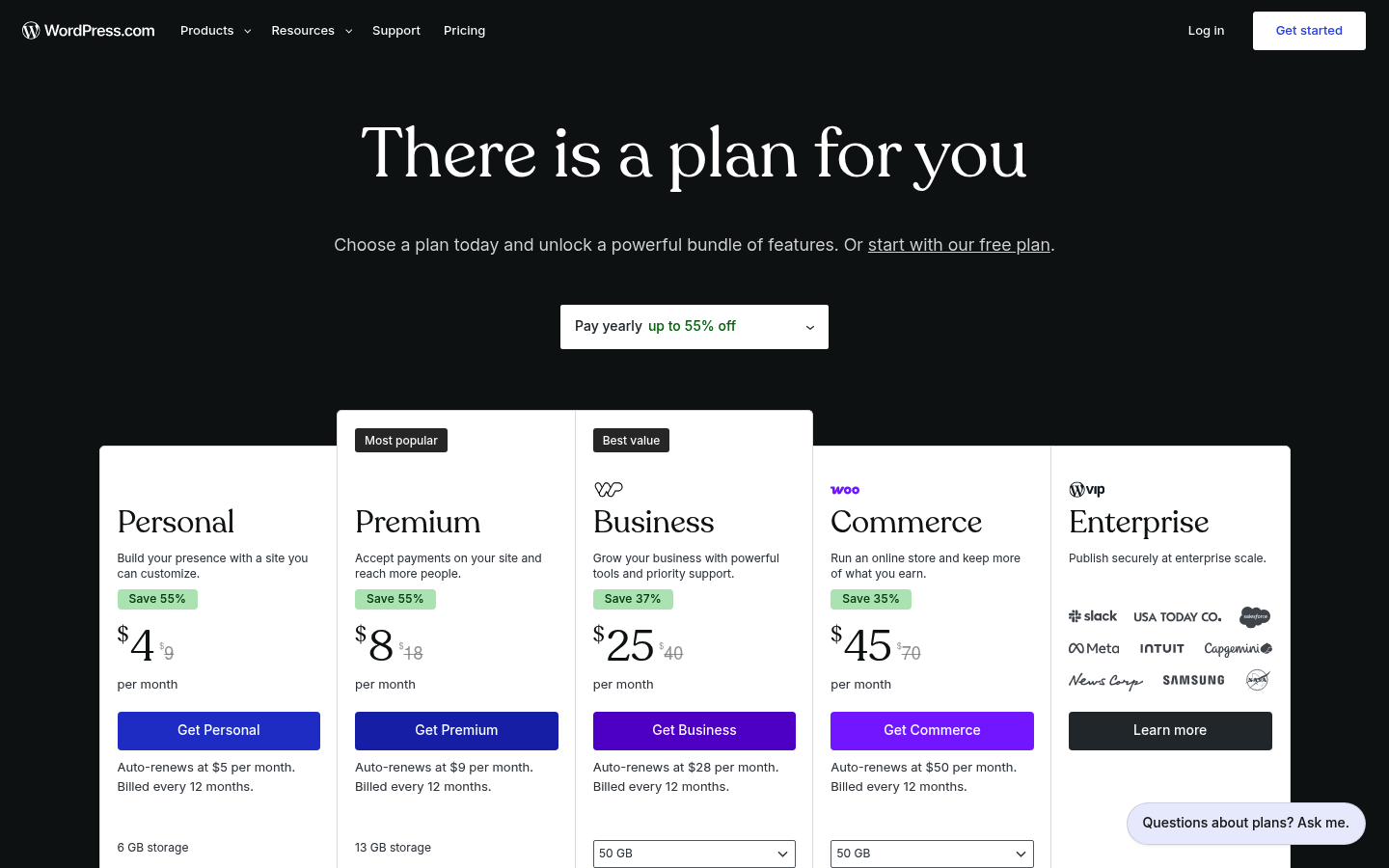 Screenshot of WordPress.com's pricing page showing its plans and prices
