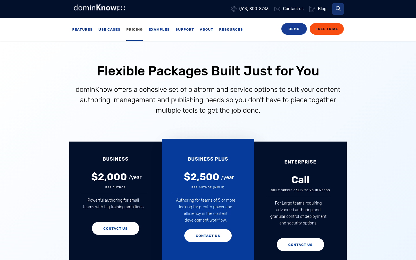 Screenshot of dominKnow's pricing page showing its plans and prices