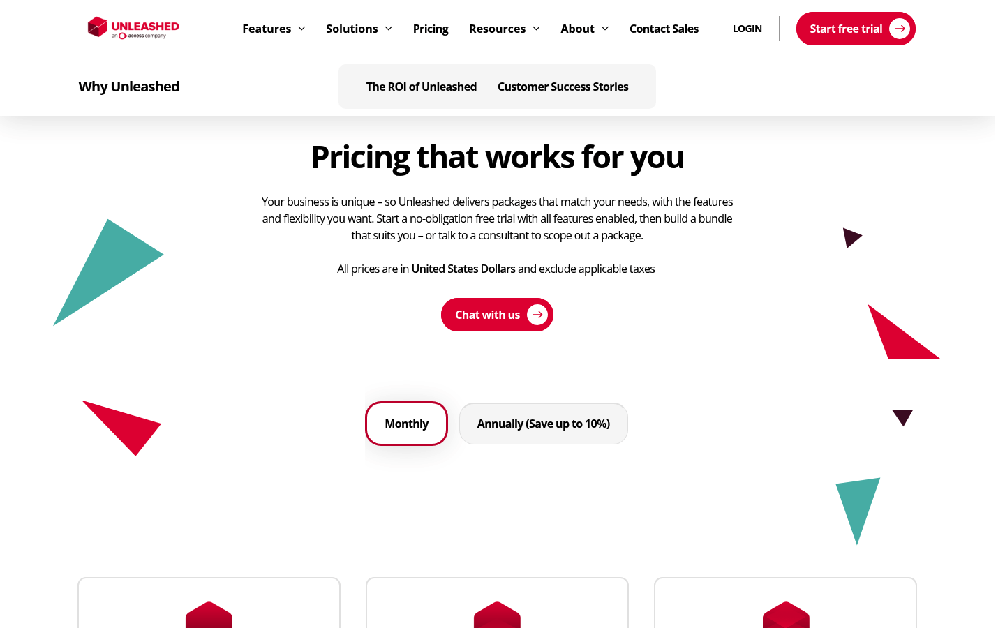 Screenshot of Unleashed's pricing page showing its plans and prices