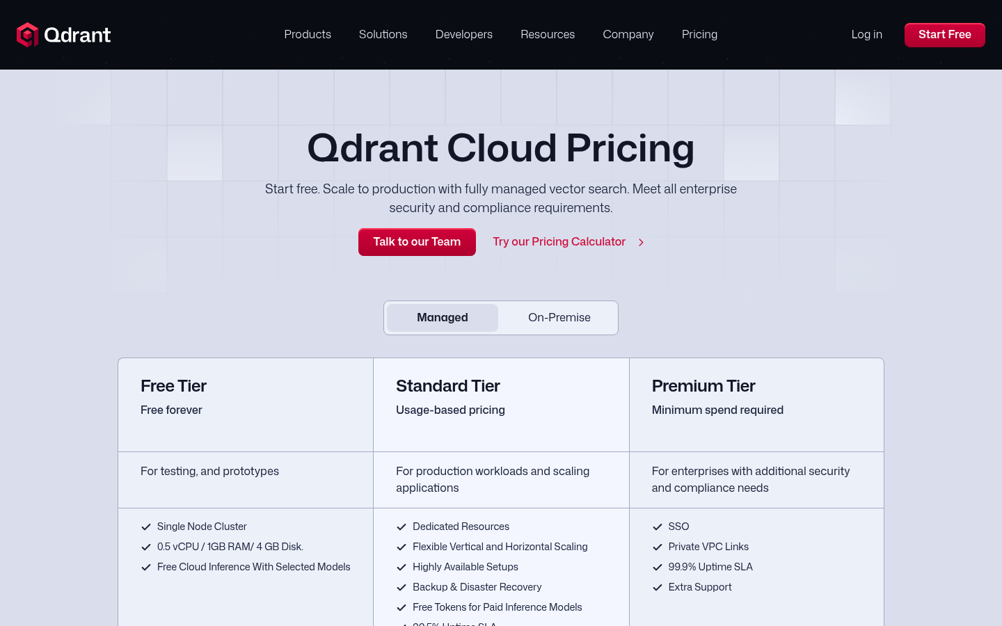 Screenshot of Qdrant's pricing page showing its plans and prices