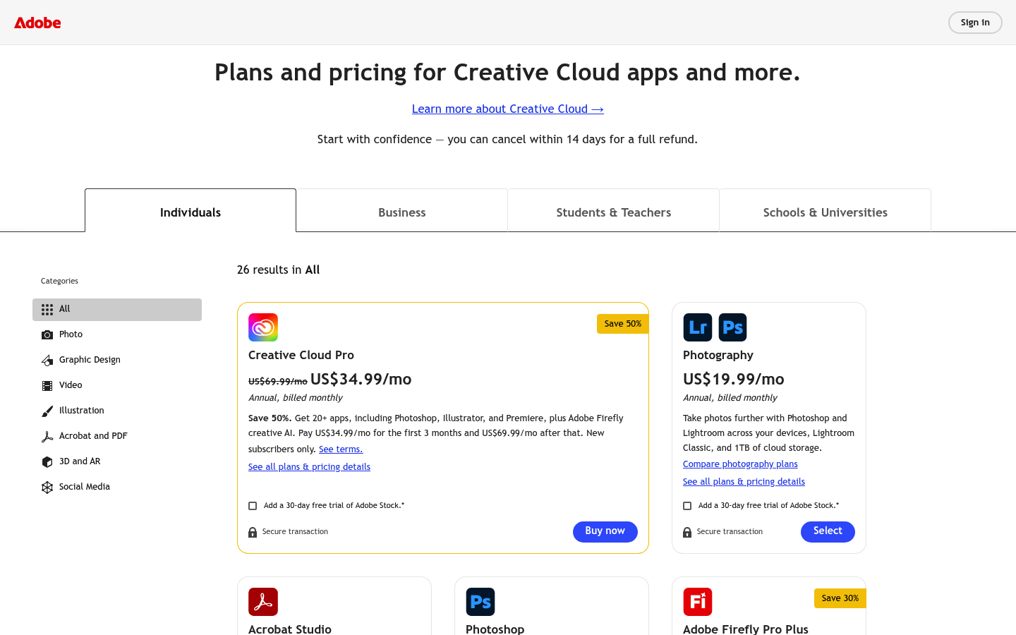 Screenshot of Adobe Creative Cloud's pricing page showing its plans and prices
