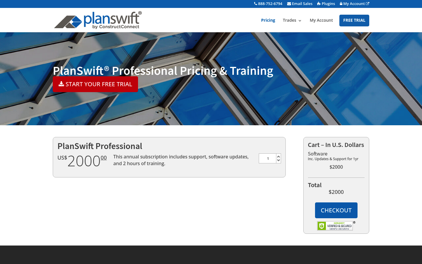 Screenshot of PlanSwift's pricing page showing its plans and prices