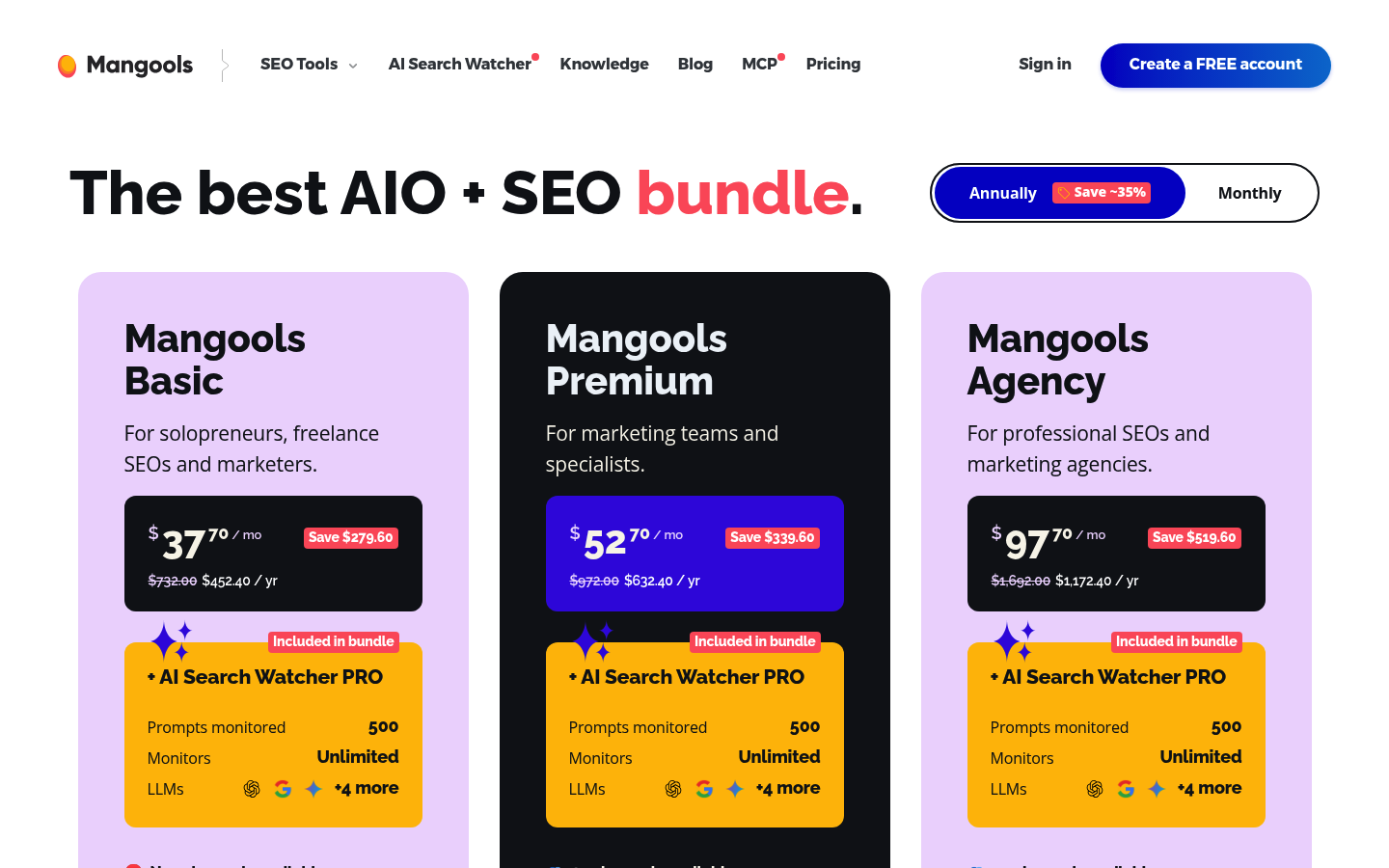 Screenshot of Mangools's pricing page showing its plans and prices