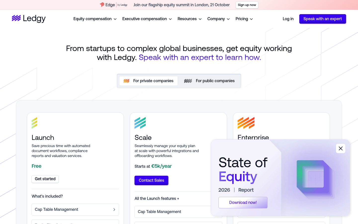 Screenshot of Ledgy's pricing page showing its plans and prices