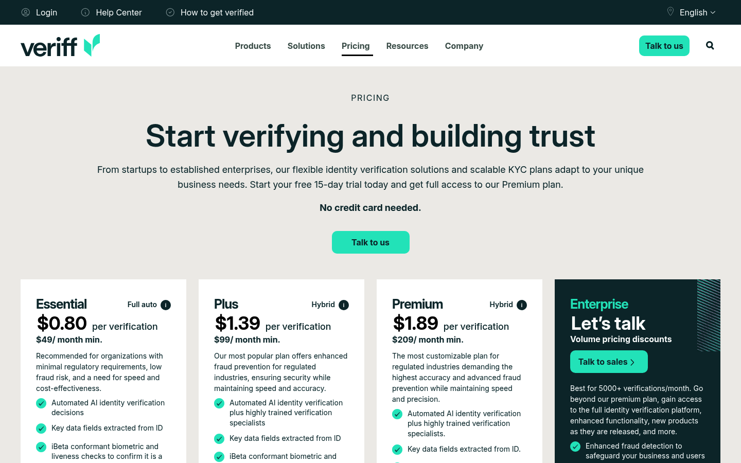 Screenshot of Veriff's pricing page showing its plans and prices