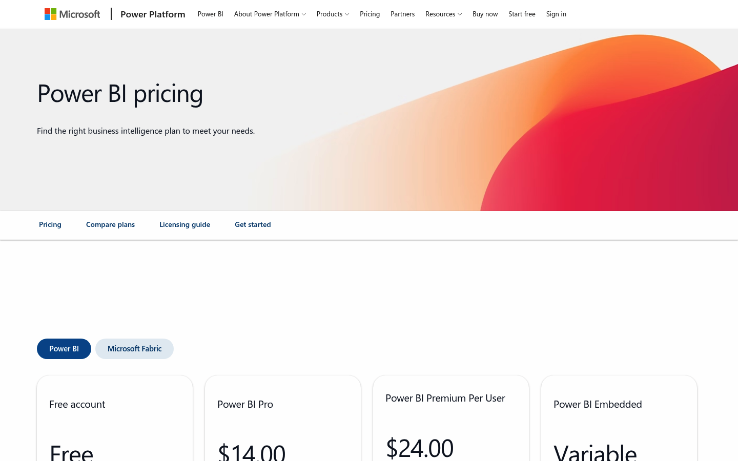 Screenshot of Power BI's pricing page showing its plans and prices