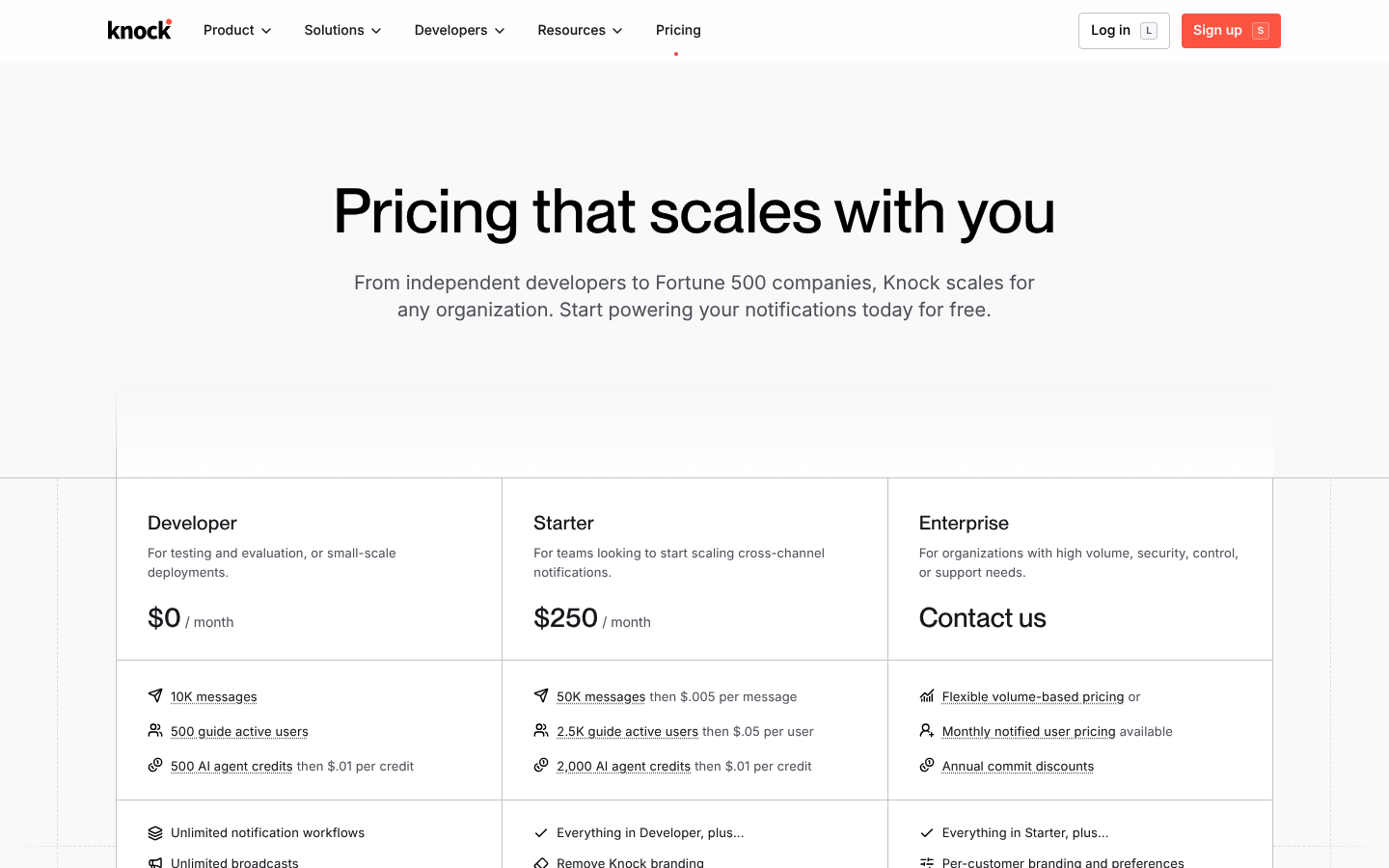 Screenshot of Knock's pricing page showing its plans and prices