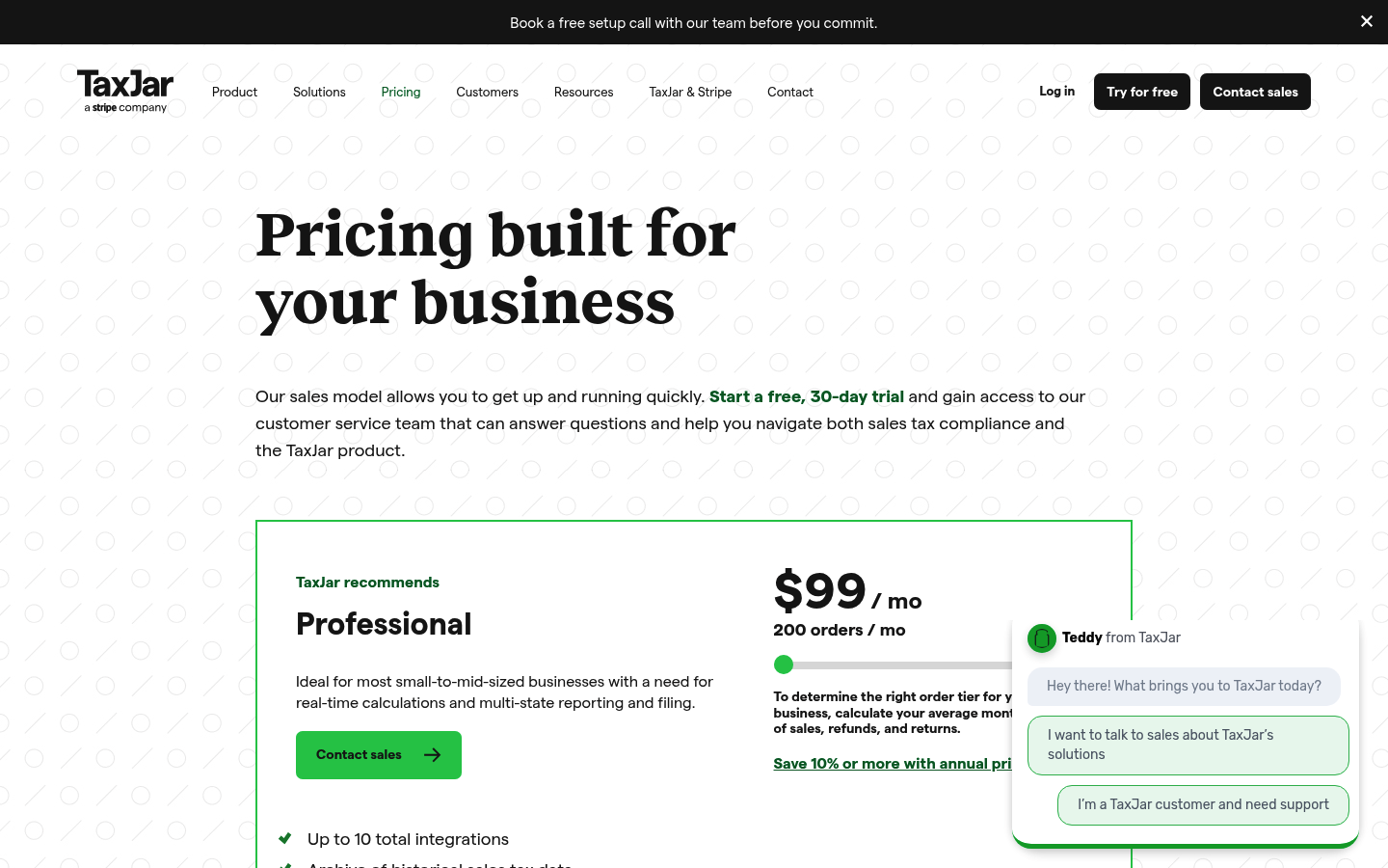 Screenshot of TaxJar's pricing page showing its plans and prices