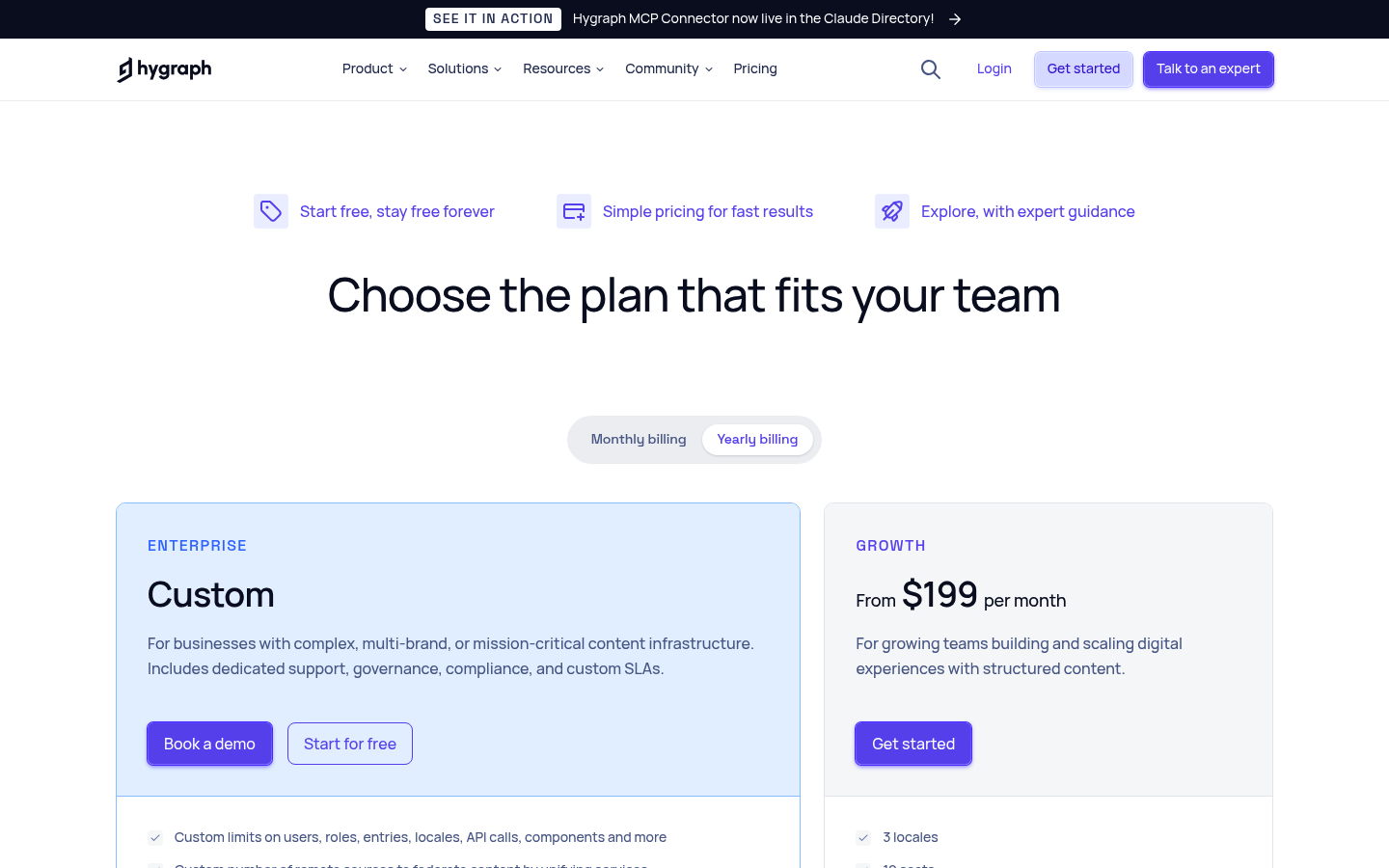 Screenshot of Hygraph's pricing page showing its plans and prices