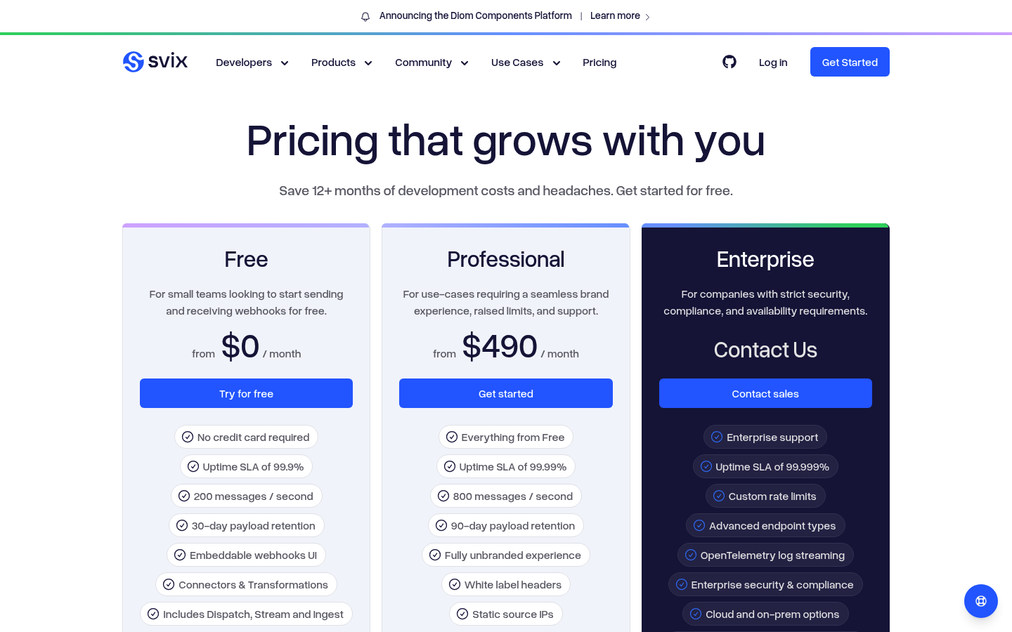 Screenshot of Svix's pricing page showing its plans and prices