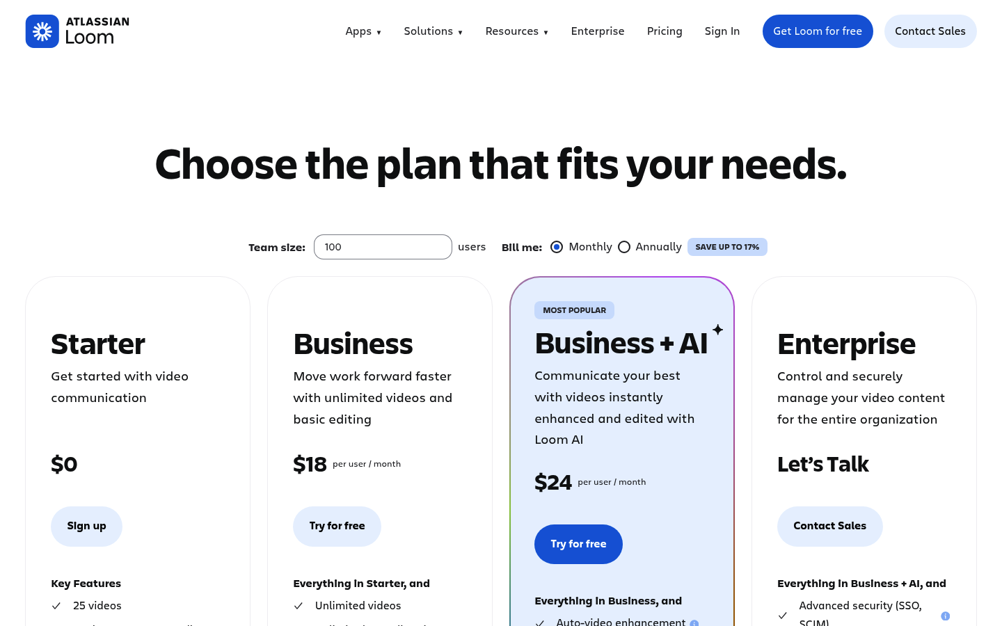 Screenshot of Loom's pricing page showing its plans and prices