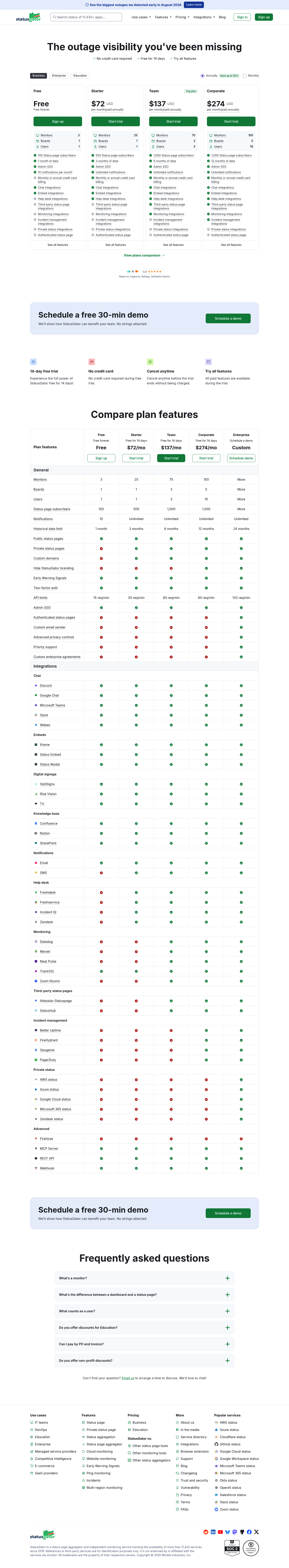 Screenshot of StatusGator's pricing page showing its plans and prices