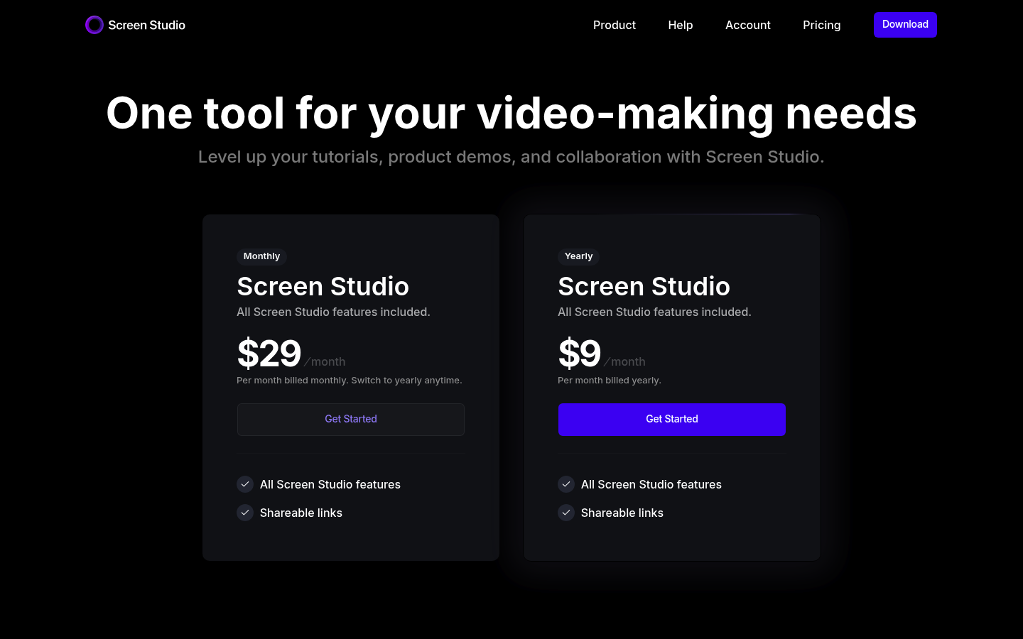 Screenshot of Screen Studio's pricing page showing its plans and prices