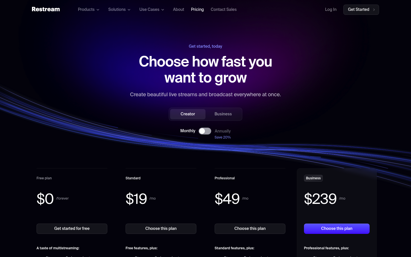 Screenshot of Restream's pricing page showing its plans and prices