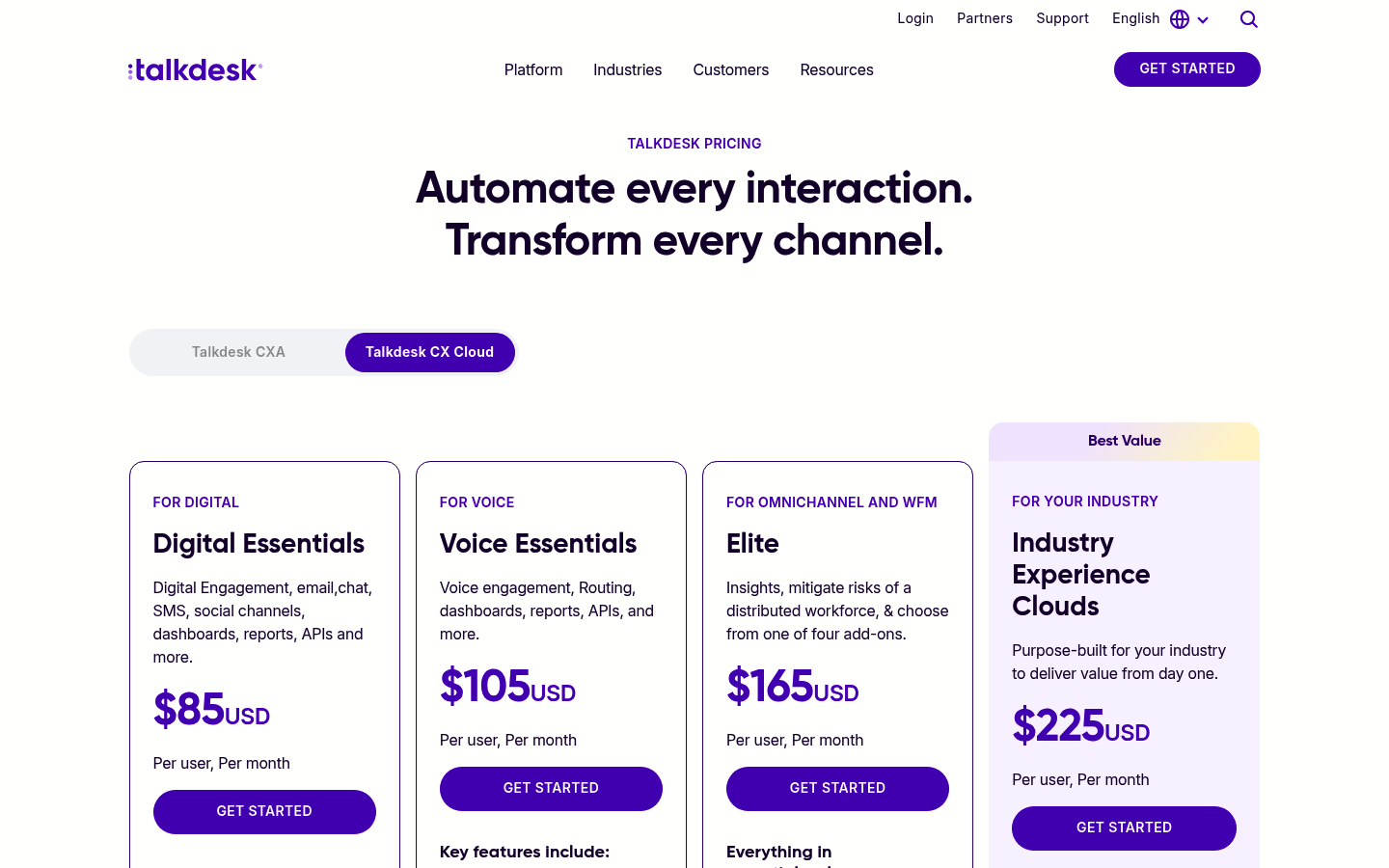 Screenshot of Talkdesk's pricing page showing its plans and prices
