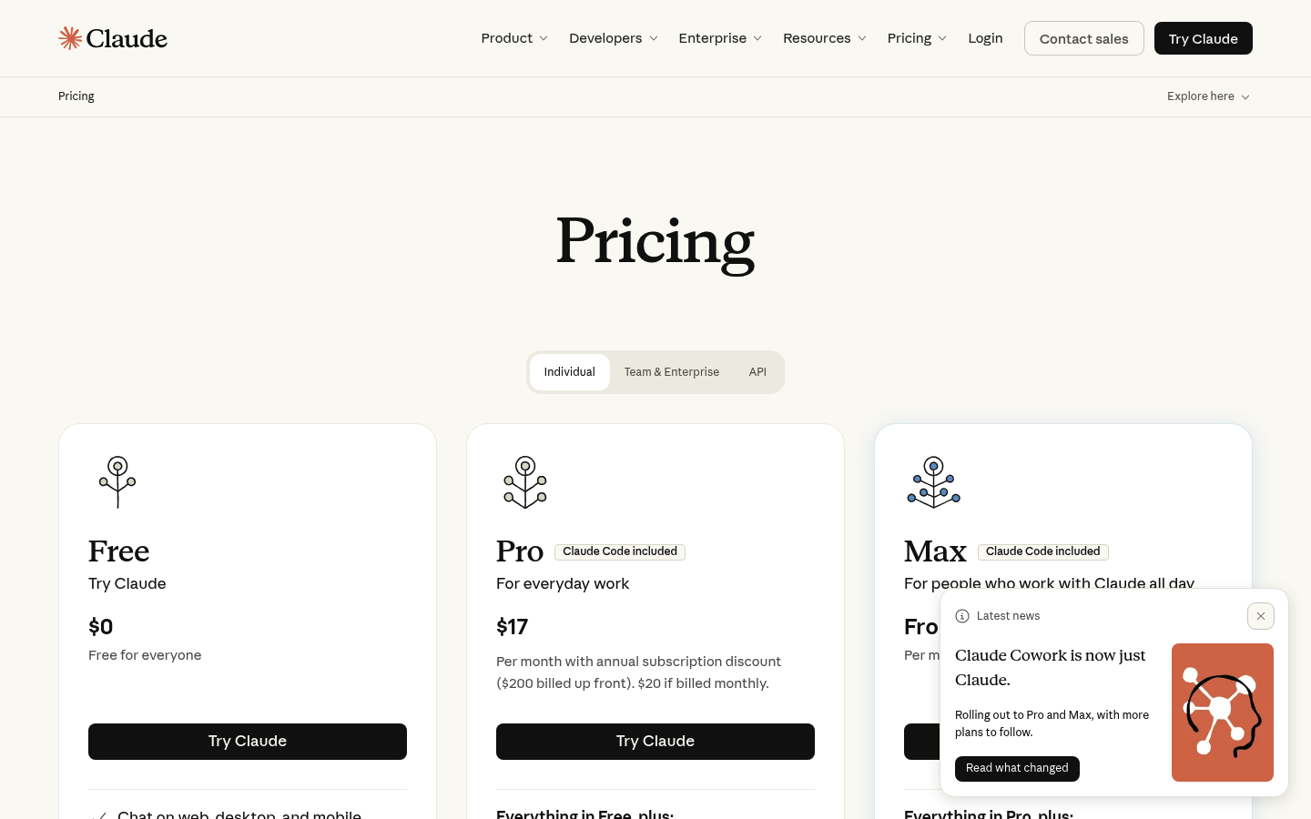Screenshot of Anthropic's pricing page showing its plans and prices