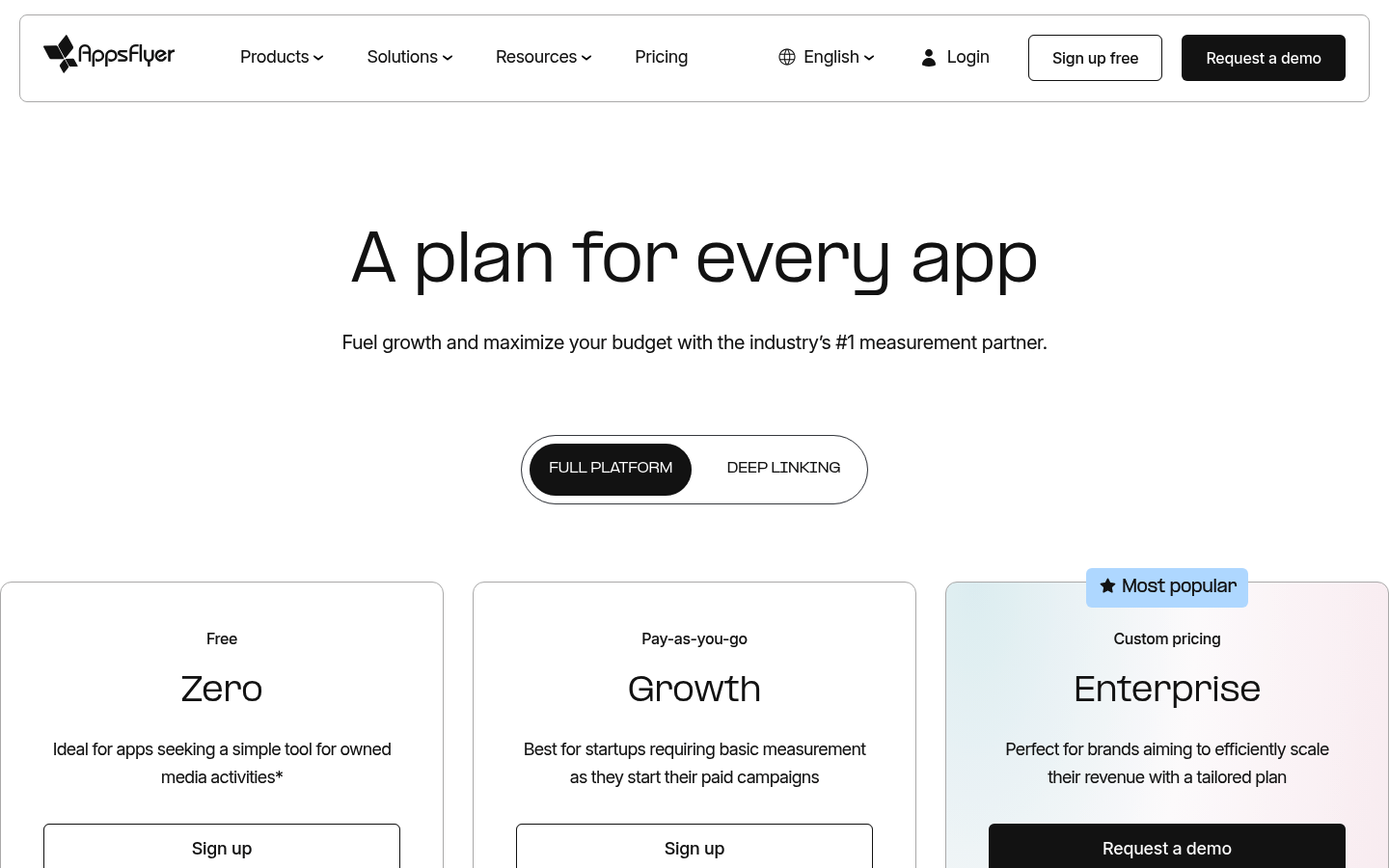 Screenshot of AppsFlyer's pricing page showing its plans and prices