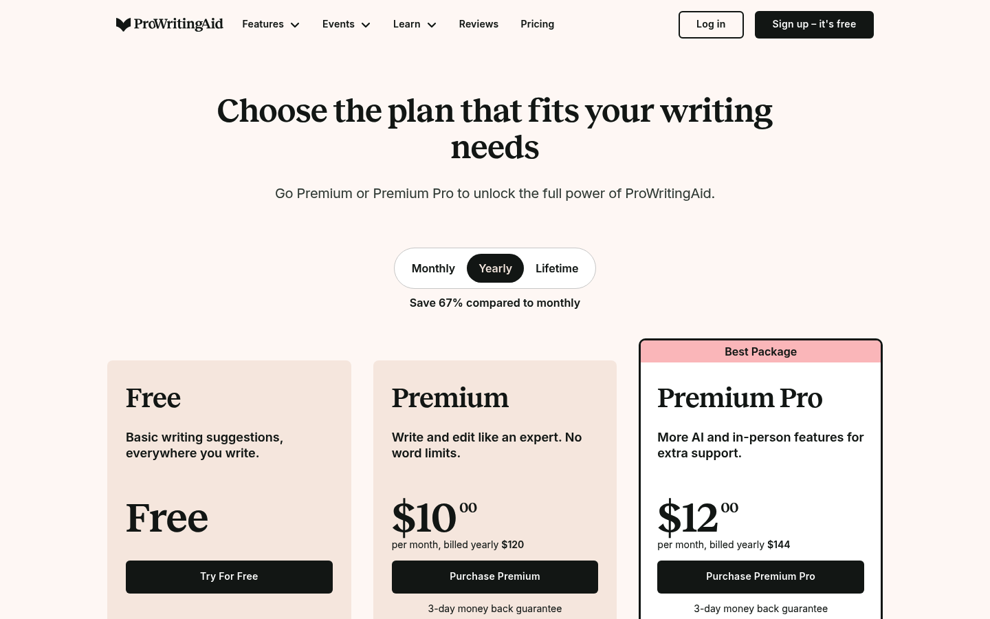 Screenshot of ProWritingAid's pricing page showing its plans and prices